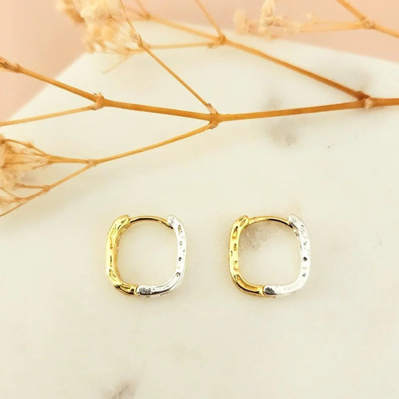 925 Sterling Silver Two Tone Earrings Gold & Silver Hoops Geometric Earrings - Picture 3 of 6